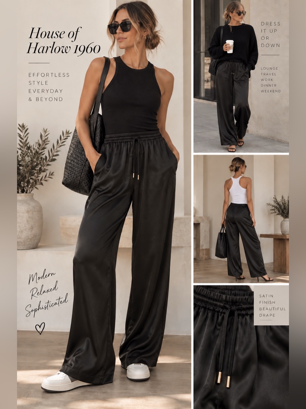 House of Harlow 1960 Black Satin Wide Leg Pants Small Pull On Drawstring